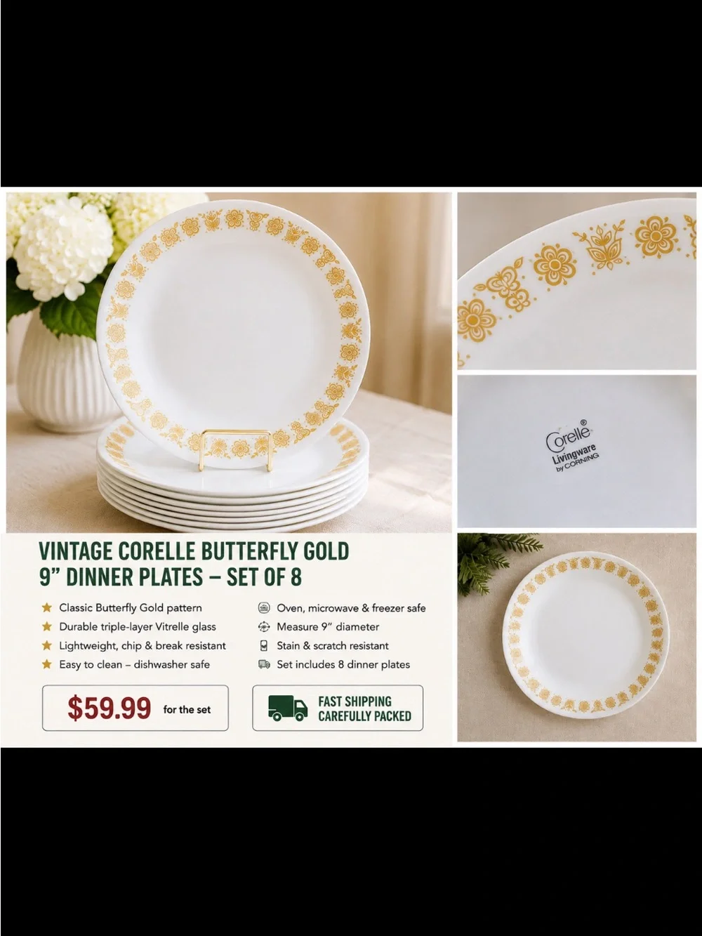 Corelle White Dinner Plates with Gold Butterfly Border - Set of 8